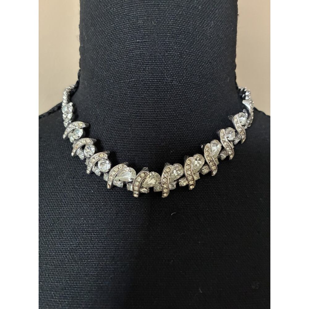Silver Tone Rhinestone Choker Necklace W/marquise Cut Stoned 14 1/2”